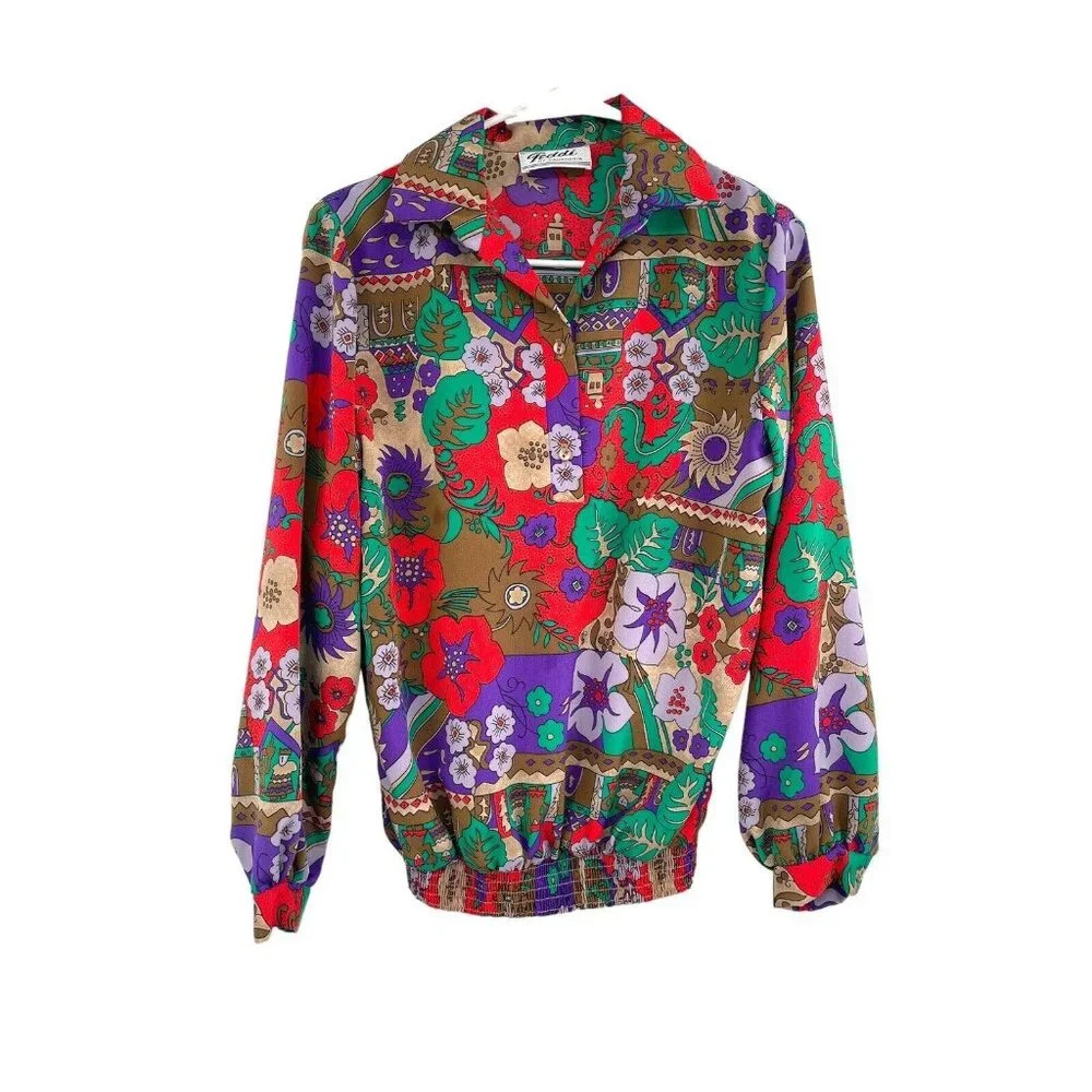 Vintage Teddi Of California Pullover Blouse Abstract Floral Graphic Prints